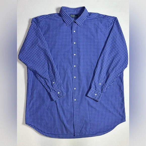 Polo by Ralph Lauren Button Down Size 3XLT 100% Cotton Blue Plaid Long Sleeve - Picture 1 of 9